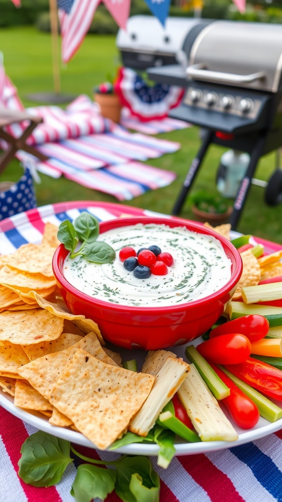 A bowl of creamy spinach dip surrounded by tortilla chips and fresh veggies, decorated for the 4th of July.